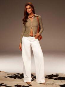 Athîral Women's Casual Solid Color Textured Front Button Fitted Long Sleeve Top - Multicolor - View 4