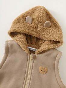 SHEIN 3pcs Baby Boy/Girl Autumn/Winter Cute Khaki Knitted Hooded Jacket, Vest, Cartoon Bear Pattern Sweatshirt, Tracksuit Joggers Pants Set, Unisex Baby Clothes, Baby Winter Thermal Outfit Fall - Multicolor - View 6