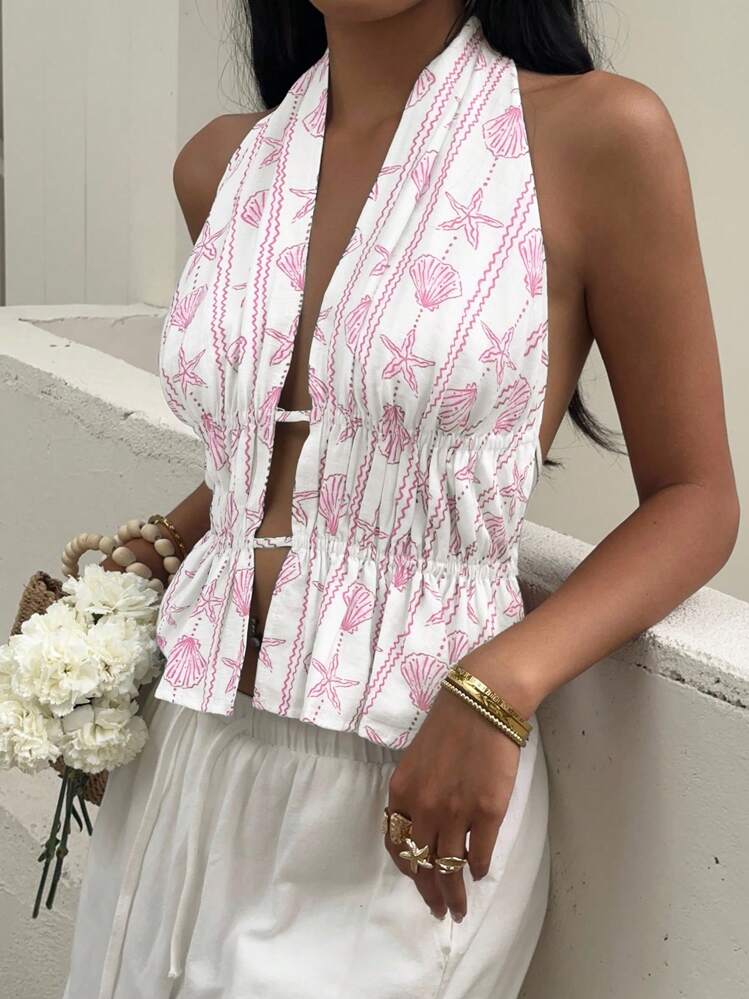 SHEIN EZwear 夏季休闲度假海星和贝壳印花褶饰露背挂脖上衣 - 粉色 - 查看 6