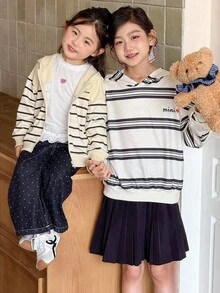 Genkimix Kids Young Girl Striped Print Star & Letter Embroidered Casual Hooded Jacket - Apricot - View 1