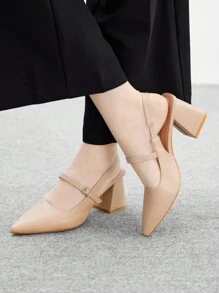 CUCCOO BIZCHIC Giày cao gót mũi nhọn da PU quai hậu màu mơ, thích hợp đi làm, hẹn hò, tiệc tùng, đi nghỉ - Màu be - Xem 4