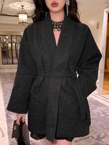 DAZY 女士宽松优雅纯色夹克，适合秋冬季节穿着 - 灰色 - 查看 6