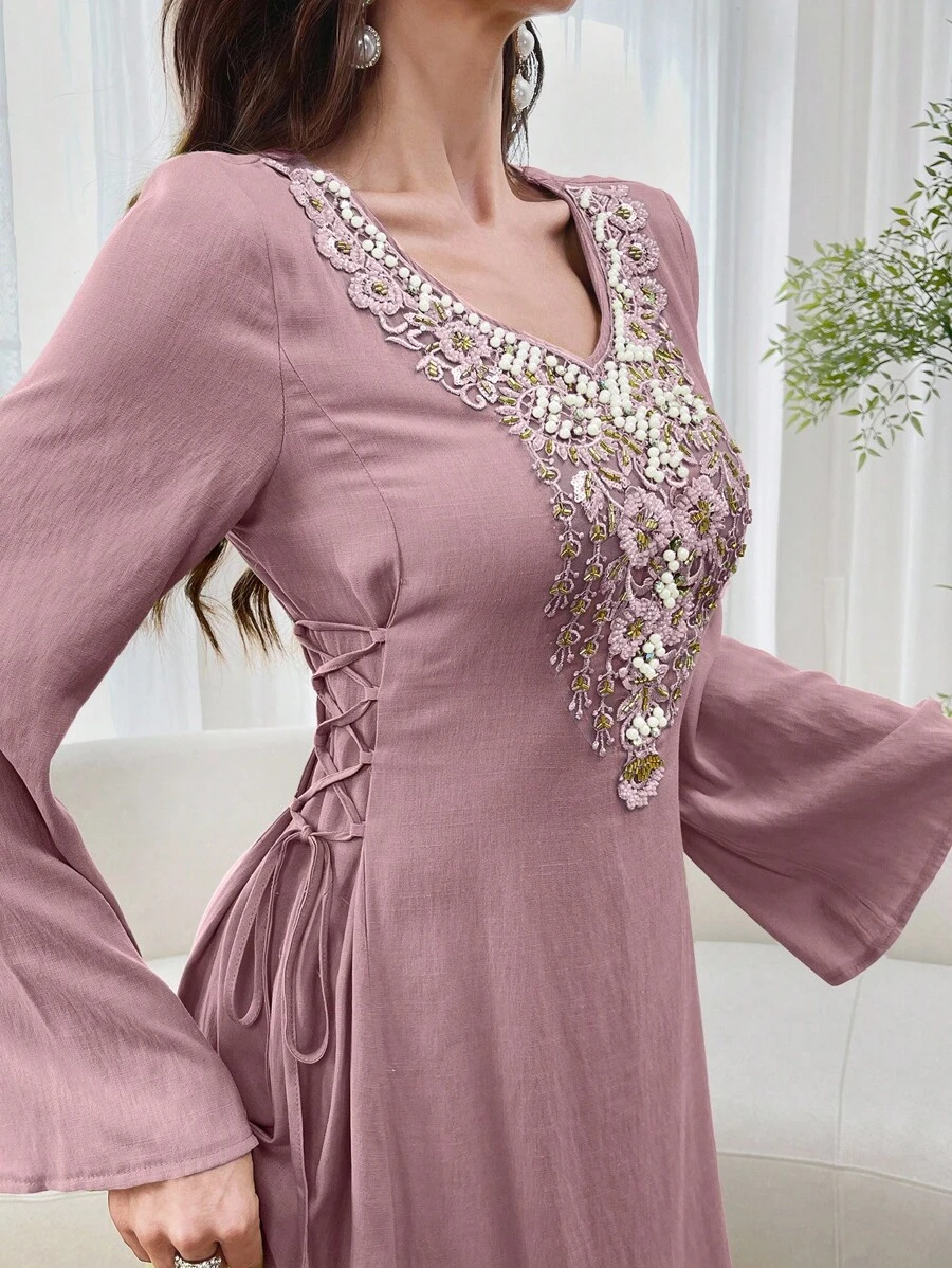 Al Najma Váy phong cách Ả Rập thanh lịch dành cho nữ có miếng dán trang trí và dây buộc eo - Bụi hồng - Xem 1