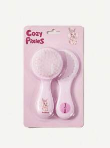 Cozy Pixies 2pcs Baby Newborn Care Tool Set, Pink Rabbit Pattern Pastoral Style Brush & Comb - Pink - View 3