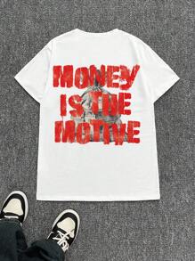Manfinity Dauomo Y2K 复古字母图案印花圆领短袖T恤，适合所有季节 - 白色 - 查看 2