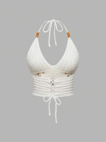 ROMWE Hippie 返校女式波西米亚风夏季嬉皮度假风格眼睛、月亮和星星刺绣白色针织串珠上衣 - 白色 - 查看 4