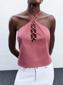 Maija Áo thun không tay cổ buộc dây họa tiết vòng tròn bằng nhựa cắt bất đối xứng dành cho nữ, phong cách công sở giản dị, phù hợp cho lễ hội âm nhạc, Halloween, Giáng sinh, tiệc tùng, kỳ nghỉ theo phong cách Bohemian, áo hở vai - Đỏ - Xem 8