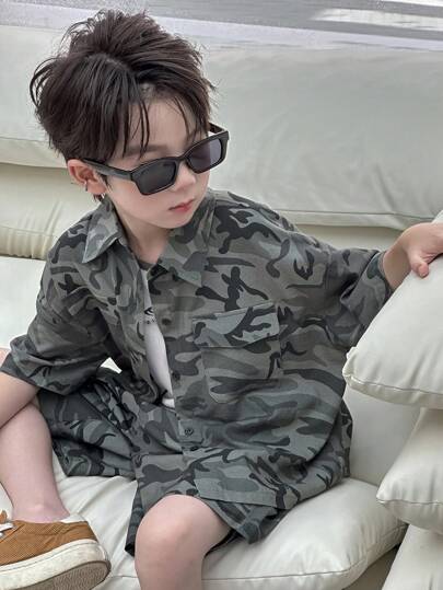 Dazy Kids Kids Fall Clothes, Boys (Plus Size) Camouflage Loose Casual Shirt & Shorts Set, Autumn