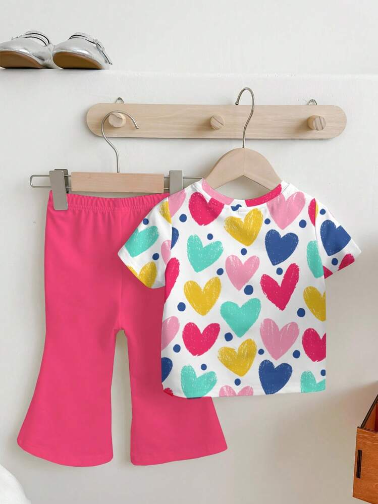 2pcs Baby Girl Casual Cute Colorful Hand-Drawn Heart Print Pink Short Sleeve Crew Neck Top And Pants Set, Suitable For Spring/Summer - Multicolor - View 3