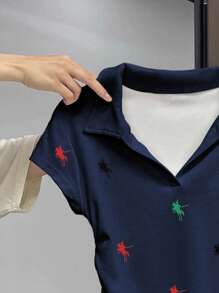 女式休闲骑士印花褶饰T恤，夏季 - 藏蓝色 - 查看 3