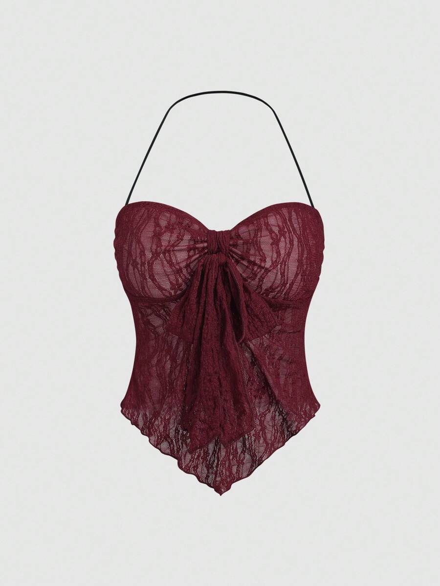 Sweetra 女式夏季纯色前系带露背短款上衣 Y2K