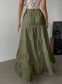 Siren Gaze 橄榄绿色休闲简约系带分层开衩下摆A字裙，适合夏季
