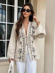 Serisse 女式花卉印花落肩长袖前系带休闲常规夹克 - 杏色 - 查看 5