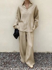 DAZY Conjunto de 2 piezas de top casual de manga larga con cuello en V y pantalones de ajuste holgado para mujer, otoño e invierno