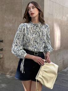 Pariaura Fall Women Clothes Ins French Retro Floral Print Long-Sleeved Shirt - Blue - View 6