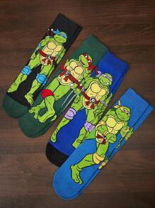 TEENAGE MUTANT NINJA TURTLES | SHEIN 4 双柔软透气吸湿排汗休闲男士中筒袜，搭配时尚灰色和蓝色中筒袜，加固脚趾和脚跟，经久耐用，男女通用，四季百搭 - 彩色 - 查看 9