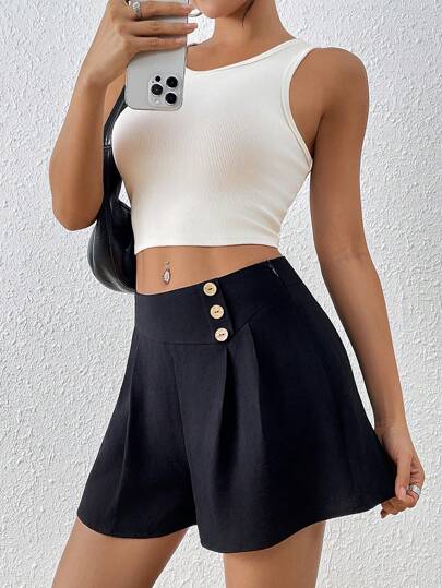 Roylia Halloween Women's Solid Color Button Design Pleated Wide Leg Casual Shorts