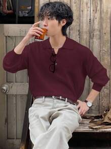 DAZY Men's Solid Color Burgundy Half-Zip Polo Collar Sweater, Autumn - Burgundy - View 5