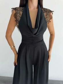 Firerie Women's Black Summer Elegant Laced Night Out Jumpsuit,Patchwork Plunging Neck Cinched Waist Wide Leg Jumpsuit, Wedding Party Date Outfit - Black - View 6
