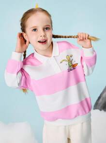 LE PETIT PRINCE X SHEIN Young Girl Cartoon Fox Print Pink & White Striped Cute Sweet Polo Collar Long Sleeve Sweatshirt - Pink - View 6