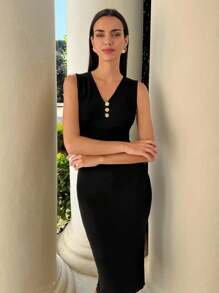 Maija 2025 Early Autumn V-Neck Thick Strap Metal Buckle Fitted Soft Knit Dress, Suitable For Elegant Urban Style Black Midi Dress Black Bodycon Dress Black Ribbed Dress Sleeveless Black Dress V-Neck Black Dress,Off The Shoulder Top,Old Money Style Women - Black - View 7