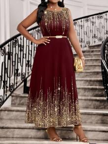 SHEIN Lady 2025 New Spring And Summer Burgundy Formal Dress For Women Legant Party Wedding Cocktail Part Concert/Music Festival Concert/Music Festival Knitted Round Neck Scoop Neck Flared Long Sleeveless Plus Size Dresses Burgundy Dress Wedding Guest Dress For Women Party Dress Elegant Party Dress Halloween Costumes - Burgundy - View 5