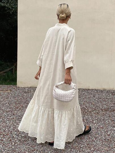 Livesso 女式V领蕾丝拼接宽松中长连衣裙