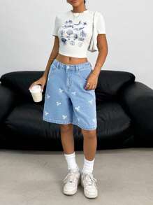 SHEIN 少女蝴蝶结刺绣口袋休闲牛仔短裤 - 淺色水洗藍 - 查看 4