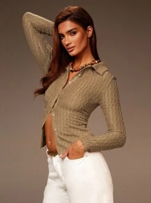 Athîral Women's Casual Solid Color Textured Front Button Fitted Long Sleeve Top - Multicolor - View 5