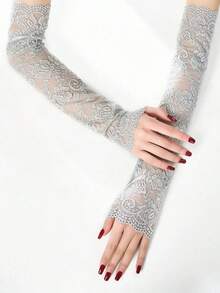 女士优雅蕾丝袖套 - 花卉刺绣防紫外线太阳袖，透气弹性露指手套，夏季时尚配饰，轻质针织袖套，适合户外、婚礼、派对、办公室、休闲穿着，仅可手洗