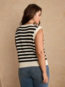 Flirla Áo vest dệt kim kẻ sọc kiểu Pháp cỡ lớn cho nữ, áo ba lỗ chui đầu không tay mới, trang phục đi làm thường ngày đa năng, phong cách sang trọng - Nhiều màu - Xem 2
