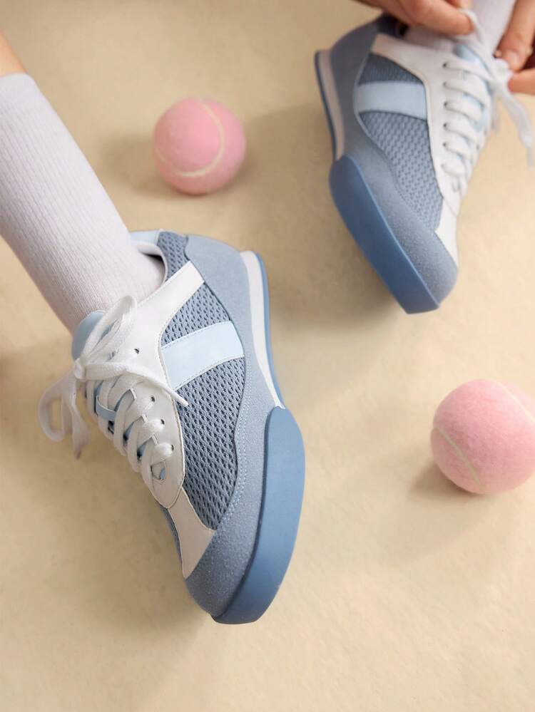 CUCCOO EASI Women's Mesh Splicing Round Toe Flat Casual Sports Shoes, Simple Design Comfortable PU Leather Contrast Color Casual Sneakers For Daily And Outdoor Wear