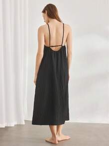 Ocili 女士简约天然亚麻舒适可调节肩带连衣裙家居服 - 黑色 - 查看 2