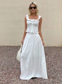 Livesso 女士方领收腰上衣和宽松半裙两件套，夏季露肩上衣 - 米色 - 查看 4