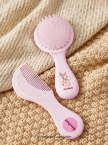 Cozy Pixies 2pcs Baby Newborn Care Tool Set, Pink Rabbit Pattern Pastoral Style Brush & Comb - Pink - View 9