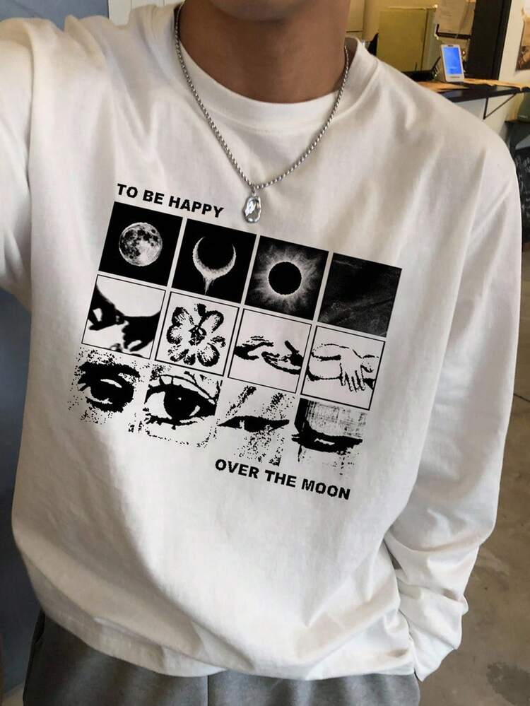 Abstract Letter Print White T-Shirt For Men, Autumn