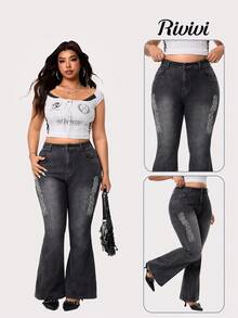 SHEIN EZwear 大码女式街头风格复古侧绣花弹力黑色喇叭牛仔裤 - 黑色 - 查看 1