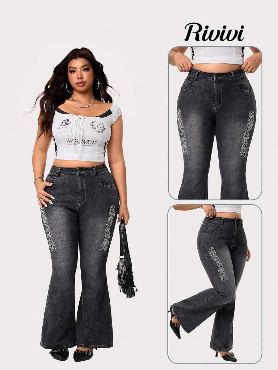 SHEIN EZwear 大码女式街头风格复古侧绣花弹力黑色喇叭牛仔裤 - 黑色 - 查看 1