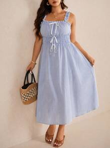 Elaquor Vestido Plus Size Casual Férias Azul e Branco Listrado com Alça na Cintura - Azul e branco - Ver 4