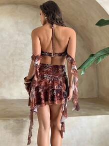 Aloruh Women's Sexy Tie Dye Butterfly Print Deep V-Neck Ruffle Hem Bodycon Mini Dress, Suitable For Spring/Summer Vacation