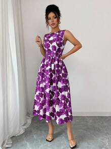 Rafferiza 女士花卉印花圆领无袖优雅中长连衣裙