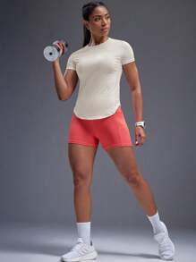 Powerista Solid Color Fitted Round Neck Asymmetric Hem Short Sleeve Athletic T-Shirt Gym Women Shirts - Beige - View 6