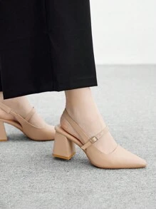 CUCCOO BIZCHIC Giày cao gót mũi nhọn da PU quai hậu màu mơ, thích hợp đi làm, hẹn hò, tiệc tùng, đi nghỉ - Màu be - Xem 3