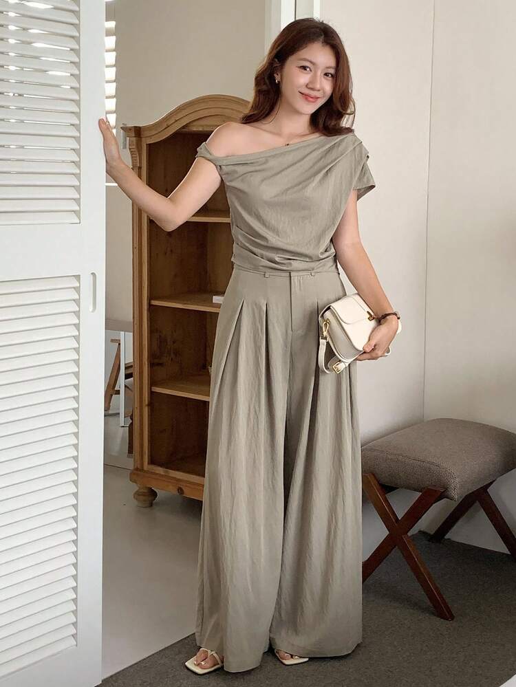2pcs/Set Women Summer Casual Solid Color Halter Neck Sleeveless Top And Wide Leg Pants Suit Lounge Sets For Women
