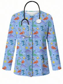 PopScrub Women's Cartoon Dinosaur Print Long Sleeve Front Open Nursing Scrub Uniform Jacket - Blue - View 3