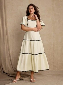 Roveilla 大码女式优雅拼色缎带饰腰中长连衣裙 - 杏色 - 查看 4