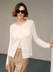 Uhlyne Fall Women Clothes Women's Solid Color Long Sleeve Single-Breasted Casual Cardigan All White Knitted Sweater - White - View 1