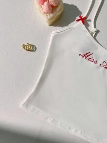 SHEIN MOD Regata Slim Fit com Laço e Estampa de Letra Fashionable para Mulheres da Coquette - Branco - Visão 6