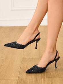 CUCCOO HITCHD Giày cao gót đính cườm lưới sequin đen gợi cảm thanh lịch - màu đen - Xem 3