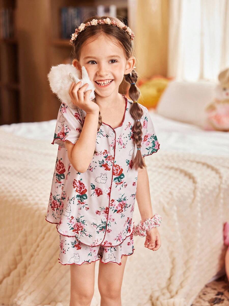 Pijama corto de manga corta y pantalón corto con decoración de lazo, ignífugo y cómodo para niña - Rosa - Ver 1
